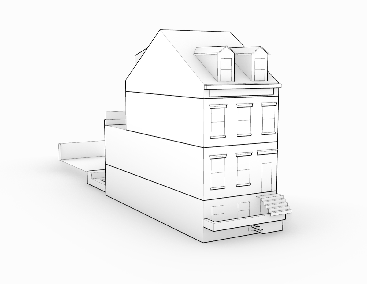 Isometric line rendering of the proposed building massing.