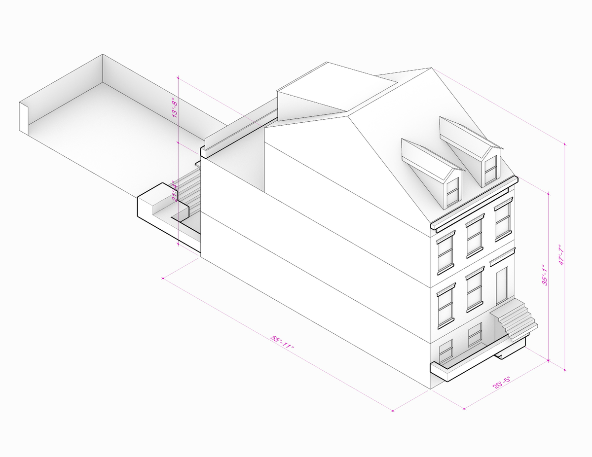 Isometric building geometry diagram with dimension annotations.