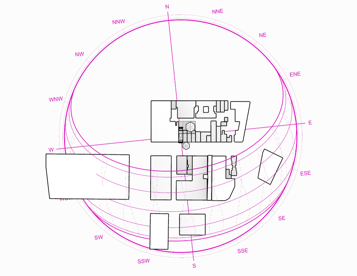Plan-view sun-path diagram showing site obstructions and solar orientation.